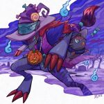  bare_tree candy_wrapper claws commentary_request evolutionary_line green_eyes hat hatted_pokemon jack-o&#039;-lantern no_humans open_mouth oyasuminjyutsu pokemon pokemon_(creature) purple_headwear smile tree witch_hat zoroark zorua 