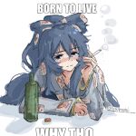  1girl artist_name bangle beer_bottle blue_eyes blue_hair bow bracelet cigarette english_commentary english_text hair_bow jewelry long_hair looking_at_viewer smoke smoking solo touhou wwparasi yorigami_shion 