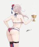  1girl absurdres american_flag_bikini ass asymmetrical_hair bangs bikini breasts bun_cover fate/grand_order fate_(series) flag_print from_behind grey_hair hair_bun highres large_breasts long_hair miyamoto_musashi_(fate) miyamoto_musashi_(swimsuit_berserker)_(fate) miyamoto_musashi_(swimsuit_berserker)_(second_ascension)_(fate) multi-strapped_bikini odachu print_swimsuit single_hair_bun single_hair_intake single_side_bun single_sidelock solo swept_bangs swimsuit 