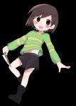  1girl bangs black_background black_shorts brown_hair chara_(undertale) green_sweater highres leg_up long_sleeves navel open_mouth short_hair short_shorts shorts simple_background smile striped striped_sweater sweater undertale xox_xxxxxx 