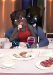  alcohol anthro beverage black_hair black_nose blue_clothing blue_eyes blue_markings blue_shirt blue_tongue blue_topwear blush bodily_fluids breasts brown_body brown_eyes brown_fur brown_hair canid canine canis ceylon_(stitchy626) clothing collared_shirt container cup cute_fangs cutlery dress drinking_glass duo eating eating_food eyebrow_through_hair eyebrows female food fork fur furniture glass glass_container glass_cup grey_body grey_fur hair hi_res inside kitchen_utensils kowareta_ookami lutrine male male/female mammal markings meat mustelid napkin on_lap open_mouth plate plates red_clothing red_dress restaurant saliva shirt soup sukiya table tablecloth tongue tools topwear translucent translucent_hair wine wine_glass wolf 