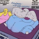  alphys anthro bed big_breasts blue_body blue_scales breasts clothing costume dialogue dinosaur duo eyewear female fish footwear furniture glasses hair hi_res immobile laugh marine morbidly_obese morbidly_obese_female number obese obese_female overweight overweight_female red_eyes red_hair reptile scales scalie signature socks text undertale_(series) undyne weight_gain wenisberry yellow_body yellow_scales 