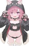  1girl :3 animal_ears animal_print bangs black_hoodie blush breasts cat_cutout cat_ears cat_lingerie cat_print clothing_cutout dot_nose fang fur-trimmed_hoodie fur_thighhighs fur_trim halloween highres hood hoodie indie_virtual_youtuber long_hair long_sleeves looking_at_viewer meme_attire mikeneko_(utaite) navel open_clothes open_hoodie open_mouth pink_hair pink_hoodie purple_eyes simple_background sleeves_past_wrists small_breasts solo standing stomach thighhighs thighs two-tone_hoodie virtual_youtuber white_background white_thighhighs yoru_no_yayoi 