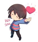  1girl bangs black_footwear black_pants blue_sweater brown_hair closed_eyes frisk_(undertale) heart long_sleeves pants shoes short_hair simple_background striped striped_sweater sweater undertale white_background xox_xxxxxx 