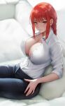  1girl aztodio black_pants braid braided_ponytail breasts chainsaw_man cleavage collared_shirt couch large_breasts long_hair looking_at_viewer makima_(chainsaw_man) orange_eyes pants partially_unbuttoned patreon_username red_hair shirt shirt_tucked_in sidelocks sitting solo web_address white_shirt 