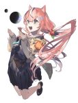  1girl animal_ears apple_hair_ornament bangs black_skirt cardigan cat_ears cat_girl earth_(planet) fang floating_hair food-themed_hair_ornament green_eyes hair_ornament highres jumping legs_up loafers long_hair multicolored_hair nijisanji nijisanji_kr open_mouth pink_hair planet sailor_collar school_uniform serita_jon shoes simple_background skirt smile solo streaked_hair very_long_hair virtual_youtuber white_background white_hair white_sailor_collar yang_nari yellow_cardigan 