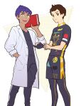  2boys :d bangs book bright_pupils brown_eyes brown_hair closed_mouth commentary_request dark-skinned_male dark_skin gloves hand_in_pocket hand_up highres holding holding_book hop_(pokemon) labcoat leggings legwear_under_shorts male_focus multiple_boys open_mouth pants partially_fingerless_gloves pokemon pokemon_(game) pokemon_swsh purple_hair sankaku shirt short_hair short_sleeves shorts single_glove smile teeth tongue upper_teeth victor_(pokemon) white_pupils yellow_eyes 