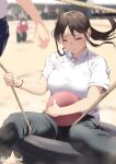  3girls ball black_pants blurry blurry_background blush breasts brown_hair closed_eyes closed_mouth commentary_request holding holding_ball jonsun large_breasts mami_(jonsun) mole mole_under_eye multiple_girls original outdoors pants ponytail rope shirt short_sleeves sitting solo_focus twitter_username white_shirt 
