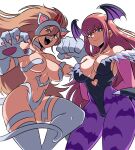  2girls :d animal_ears animal_hands animal_print bangs bare_shoulders bat_print blonde_hair breasts cat_ears cat_tail chainsaw_man choker claws cosplay fangs felicia_(vampire) felicia_(vampire)_(cosplay) hair_between_eyes highres horns large_breasts long_hair looking_at_viewer makima_(chainsaw_man) morrigan_aensland morrigan_aensland_(cosplay) multiple_girls pantyhose pink_hair power_(chainsaw_man) print_legwear purple_pantyhose sharp_teeth simple_background smile tail teeth thighhighs tina_fate vampire_(game) very_long_hair white_background white_choker white_thighhighs wings yellow_eyes 