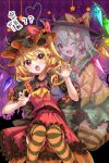  :o ;d bare_tree black_headwear black_thighhighs blonde_hair bow candy crystal flandre_scarlet food fujiwara_aoi green_eyes green_hair green_skirt hair_bow halloween halloween_costume hat hat_bow heart heart_of_string highres jack-o&#039;-lantern komeiji_koishi looking_at_viewer mob_cap multiple_bows one_eye_closed one_side_up orange_bow orange_theme red_bow red_eyes red_skirt red_vest shirt skirt smile star_(symbol) striped striped_thighhighs surprised thighhighs third_eye tombstone touhou translation_request transparent tree twitter_username vest wings yellow_shirt 