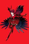  1girl alternate_costume commentary eyelashes hair_ornament highres horns long_hair looking_at_viewer pancakesorting persona persona_5 persona_5_the_royal red_background red_eyes red_hair serious simple_background solo yoshizawa_kasumi 