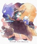  bangs broom brown_dress commentary dress drifloon fangs flipped_hair gardevoir gengar green_hair grin halloween hatted_pokemon highres kotone11152 looking_down mega_gardevoir mega_pokemon pink_eyes pokemon pokemon_(creature) pumpkaboo smile yellow_eyes 