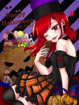  1girl candy character_request chocolate copyright_request food halloween hecatia_lapislazuli off-shoulder_shirt off_shoulder red_eyes red_hair shirt touhou utagi_0216 