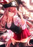  1girl bangs bare_shoulders belt black_thighhighs black_vest blurry blurry_background brown_hair commentary commentary_request contrapposto cowboy_shot doki_doki_literature_club green_eyes hair_between_eyes hair_down hand_on_own_thigh hat hat_feather index_finger_raised long_hair looking_at_viewer monika_(doki_doki_literature_club) nail_polish niim off-shoulder_shirt off_shoulder pirate_costume pirate_hat red_nails red_skirt shirt skirt skull_and_crossbones smile solo thighhighs very_long_hair vest white_shirt zettai_ryouiki 