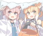  2girls animal_ears arknights bare_shoulders black_choker black_gloves blanket blonde_hair blue_eyes blue_hairband blue_shirt blush braid bucket choker claw_pose clothing_cutout dress fang fox_ears fox_girl gloves green_eyes grey_background hairband halloween_bucket highres holding holding_bucket jacket long_hair long_sleeves looking_at_viewer multiple_girls open_mouth oripathy_lesion_(arknights) ryoku_sui shirt shoulder_cutout simple_background single_glove single_wrist_cuff sketch skin_fang sussurro_(arknights) suzuran_(arknights) white_dress white_gloves white_hair white_jacket white_wrist_cuffs wide_sleeves wrist_cuffs 