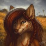  1:1 2020 anthro artist_name blue_eyes blurred_background brown_body brown_fur brown_hair bust_portrait canid cheek_tuft dated detailed facial_tuft female fur glistening glistening_eyes hair hi_res looking_at_viewer mammal mylafox neck_tuft nude portrait power_lines signature sky smile solo text tuft url white_body white_fur 
