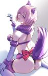  1girl absurdres animal_ears ass bangs bare_shoulders bee_doushi bow breasts claw_pose elbow_gloves fate/grand_order fate_(series) fur-trimmed_gloves fur-trimmed_legwear fur_collar fur_trim gloves hair_over_one_eye highres lace-trimmed_legwear lace_trim large_breasts light_purple_hair looking_at_viewer looking_back mash_kyrielight mash_kyrielight_(dangerous_beast) open_mouth pink_bow purple_eyes purple_gloves purple_thighhighs revealing_clothes short_hair sitting smile solo tail thighhighs wariza wolf_ears wolf_tail 