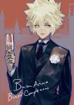  1boy :d alcohol black_jacket black_necktie blonde_hair boutonniere building cezaria champagne champagne_flute cup drinking_glass flower formal giotto_(reborn) grey_vest hair_between_eyes highres holding holding_cup italian_text jacket katekyo_hitman_reborn! lapels looking_at_viewer male_focus necktie orange_background orange_eyes rose shawl_lapels shirt short_hair smile solo spiked_hair upper_body vest white_flower white_rose white_shirt 