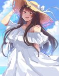  1girl bangs blue_sky blush brown_hair cloud cloudy_sky commentary_request dress frilled_dress frills grey_eyes hand_on_headwear hat highres leo_(leobanana11) long_hair looking_at_viewer master_2_(housamo) off_shoulder open_mouth ribbon seaside sidelocks sky solo straw_hat teeth tokyo_afterschool_summoners upper_body upper_teeth white_dress white_ribbon 