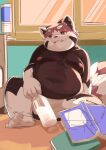  2022 absurd_res ailurid anthro belly big_belly book bottle detailed_background dokyudokyu1 hi_res inside kemono male mammal moobs navel nipples overweight overweight_male red_panda sitting solo 
