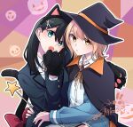  15kasikaze15 2girls :o animal_hands artist_name black_hair blonde_hair cape cat_ear_hairband gloves green_eyes hair_ornament halloween hand_on_another&#039;s_hip hat highres honda_sora hug lonely_girl_ni_sakaraenai multiple_girls paw_gloves sakurai_ayaka_(lonely_girl_ni_sakaraenai) school_uniform sitting sitting_on_person tail upper_body wizard_hat yellow_eyes 