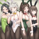  4girls amagi_(kancolle) animal_ears asymmetrical_hair black_bow black_bowtie black_hair black_leotard black_pantyhose blue_eyes bow bowtie braid breast_envy breasts brown_eyes brown_hair cleavage commentary_request commission cowboy_shot detached_collar green_leotard highleg highleg_leotard highres kantai_collection katsuragi_(kancolle) leotard long_hair medium_breasts multiple_girls pantyhose parted_lips playboy_bunny ponytail rabbit_ears red_bow red_bowtie sagace short_hair_with_long_locks single_braid skeb_commission small_breasts strapless strapless_leotard taihou_(kancolle) unryuu_(kancolle) very_long_hair white_hair white_leotard wrist_cuffs yellow_bow yellow_bowtie 