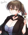  1girl black_choker black_dress breasts brown_hair choker cleavage collarbone commentary_request dango dress food hair_between_eyes halloween_costume highres holding holding_food jewelry kaga_(kancolle) kantai_collection large_breasts long_hair long_sleeves looking_at_viewer matsunaga_(haku) pendant side_ponytail simple_background solo translation_request twitter_username upper_body wagashi white_background wide_sleeves yellow_eyes 