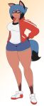  2020 anthro big_breasts black_hair blue_bottomwear blue_clothing blue_hair blue_shorts bottomwear brand_new_animal breasts brown_body brown_fur canid canine clothed clothing dewwydarts female footwear fur gradient_background hair hand_on_hip hi_res jacket looking_at_viewer mammal michiru_kagemori multicolored_hair open_clothing open_jacket open_topwear raccoon_dog red_clothing red_jacket red_topwear shirt shoes shorts simple_background smile solo standing studio_trigger tanuki teal_eyes topwear two_tone_hair white_clothing white_footwear white_shirt white_shoes white_topwear 