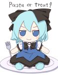  1girl absurdres black_bow black_footwear blue_dress blue_eyes blue_hair bow cirno collared_shirt dress english_text fairy_wings fork fumo_(doll) hair_bow highres ice ice_wings kame_(kamepan44231) long_dress pinafore_dress plate shirt short_hair simple_background skull_ornament smile solo touhou white_background white_shirt wings 