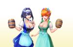 2girls alternate_costume apron beer_can blue_eyes blue_hair breasts can cleavage collarbone cross-laced_dress dirndl dress flower german_clothes gradient gradient_background grin hair_flower hair_intakes hair_ornament hairband head_wreath highres hololive hololive_english large_breasts looking_at_viewer medium_hair multiple_girls official_alternate_costume open_mouth orange_hair ouro_kronii purple_eyes simonz1987 simple_background smile takanashi_kiara virtual_youtuber waist_apron 