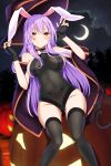  1girl animal_ears black_gloves black_headwear black_thighhighs blush breasts crescent_moon fingerless_gloves gloves grin groin hair_between_eyes halloween halloween_costume hat highres jack-o&#039;-lantern light_purple_hair long_hair medium_breasts moon rabbit_ears red_eyes reisen_udongein_inaba smile solo thighhighs touhou witch_hat xialuluo_(sharuro) 