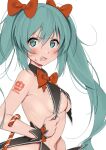  1girl arm_tattoo bare_shoulders blue_eyes blue_hair blush bow bowtie breasts candy candy_cane food furuyama_itaru halloween hatsune_miku jack-o&#039;-lantern_print long_hair looking_at_viewer simple_background skirt smile solo tattoo twintails very_long_hair vocaloid white_background 