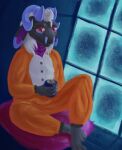  2022 anthro black_body blue_background blue_horn clothing cold digital_media_(artwork) dragon evening hair hi_res horn kigurumi lionin male orange_clothing orange_eyes pajamas paws pillow purple_body signature simple_background smile snow solo watermark white_hair window 