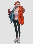  1girl alternate_costume alternate_hairstyle android_21 black_pants blue_eyes breasts cleavage crop_top dragon_ball dragon_ball_fighterz glases hand_in_pocket kemachiku long_hair looking_at_viewer medium_breasts open_mouth pants ponytail red_hair shoes smile sneakers solo 