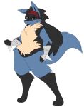  2020 3_toes 4_fingers accessory anthro bandage black_body black_eyes black_fur black_hair black_inner_ear blue_body blue_fur dart_(dewwydarts) dewwydarts digitigrade featureless_crotch feet fingers fluffy fluffy_tail fur generation_4_pokemon hair headband hi_res long_hair looking_at_viewer lucario male multicolored_body multicolored_fur neck_tuft nintendo nude pokemon pokemon_(species) red_headband simple_background solo spikes spikes_(anatomy) standing tan_body tan_fur toes tuft video_games white_background 