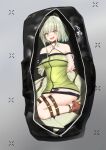  1girl @_@ absurdres arknights arms_behind_back bag bangs bare_legs bare_shoulders blush bound bound_legs brown_footwear calvaires commentary_request dress embarrassed green_dress green_eyes grey_background grey_hair high_heels highres in_bag in_container kal&#039;tsit_(arknights) looking_at_viewer microdress off-shoulder_dress off_shoulder open_mouth oripathy_lesion_(arknights) recruitment_bag_(arknights) short_hair solo sweat sweatdrop thighs v-shaped_eyebrows 