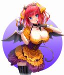  1girl :p absurdres bat_wings black_gloves black_thighhighs black_wings blue_eyes breasts cleavage commentary_request demon_tail dress gloves go-toubun_no_hanayome halloween highres large_breasts long_hair looking_at_viewer m.tokotsu nakano_nino orange_dress red_hair short_hair solo striped striped_thighhighs tail thighhighs thighs tongue tongue_out vertical-striped_thighhighs vertical_stripes wings zettai_ryouiki 