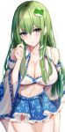  .me 1girl bangs bare_shoulders blue_eyes blue_skirt blurry blurry_background blush breasts cleavage collarbone depth_of_field detached_sleeves frills frog_hair_ornament green_hair hair_between_eyes hair_ornament hair_tubes hand_up highres kochiya_sanae large_breasts long_hair navel shirt simple_background skirt snake_hair_ornament touhou white_background white_shirt 