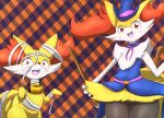  ambiguous_gender anthro blush braixen canid canine duo eiroru fennekin feral fox fur generation_6_pokemon halloween halloween_costume hi_res holidays inner_ear_fluff looking_at_viewer mammal nintendo open_mouth pokemon pokemon_(species) tuft video_games witch_costume yellow_body yellow_fur 