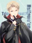  1boy black_gloves blonde_hair blue_eyes closed_mouth english_text gloves halloween halloween_costume highres kuga_tsukasa long_sleeves looking_at_viewer male_focus short_hair solo spy_x_family trick_or_treat twilight_(spy_x_family) 