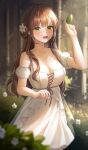  1girl absurdres bangs blurry blurry_background blurry_foreground blush breasts brown_hair bush cleavage collarbone cowboy_shot dappled_sunlight dress flower forest green_eyes hair_flower hair_ornament hair_over_shoulder highres hini_ni holding holding_leaf large_breasts leaf long_hair looking_at_viewer nature open_mouth original outdoors shiny shiny_hair sidelocks smile solo standing sunlight teeth upper_teeth white_dress white_flower 