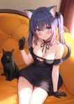  1girl animal_ears bangs bare_shoulders black_bow black_cat black_choker black_dress black_gloves blue_eyes blush bow breasts cat cat_ears cat_girl cat_tail choker cleavage closed_mouth collarbone commentary_request couch dress gloves hair_bow hair_ornament halloween hand_up karutamo long_hair looking_at_viewer medium_breasts off_shoulder original purple_hair sitting smile tail thighs twintails yellow_eyes 