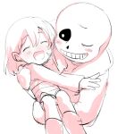  1boy 1girl bangs blush closed_eyes flower frisk_(undertale) head_tilt hug jacket long_sleeves looking_at_another open_clothes open_jacket open_mouth sans short_hair shorts simple_background skeleton smile solo striped striped_sweater sweater undertale white_background xox_xxxxxx 