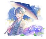  1boy blue_hair blue_kimono bungou_to_alchemist cropped_torso ear_piercing earrings egasumi eyeliner flower green_eyes grey_jacket hair_between_eyes haori holding holding_umbrella hydrangea jacket japanese_clothes jewelry kimono light_smile looking_at_viewer makeup male_focus oil-paper_umbrella piercing purple_flower rain red_eyeliner shiga_naoya_(bungou_to_alchemist) signature single_sidelock solo striped striped_kimono stud_earrings tasikanakoto umbrella upper_body vertical-striped_kimono vertical_stripes 