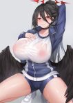  1girl absurdres bangs black_choker black_hair black_wings blue_archive blue_shorts blush breasts cameltoe choker closed_mouth collarbone covered_nipples deogho_(liujinzy9854) feathered_wings grey_background hair_between_eyes hasumi_(blue_archive) hasumi_(gym_uniform)_(blue_archive) highres jacket large_breasts long_hair shirt shorts simple_background solo squatting thighs track_jacket wet wet_clothes wet_shirt white_footwear white_shirt wings 