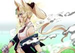  1girl absurdres animal_ears artist_self-insert aura bare_shoulders blonde_hair blurry blurry_background brown_hair brown_necktie commentary_request cropped_shirt ear_ornament from_side genderswap genderswap_(mtf) glowing grass green_jacket high_ponytail highres horse_ears horse_girl horse_racing_track horse_tail horseshoe_print jacket midriff multicolored_hair navel necktie off_shoulder open_clothes open_jacket original shirt short_necktie short_sleeves sidelocks sleeveless sleeveless_shirt solo steam streaked_hair tail two-tone_hair umamusume upper_body white_shirt wrist_cuffs yu&#039;nyanko-chan_(yu&#039;nyanko) yunekoko 