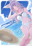  1girl 2022 absurdres animal_ear_fluff animal_ears bangs barefoot bikini blue_sky blunt_bangs breasts cloud cloudy_sky granblue_fantasy hair_ornament hairpin hand_in_own_hair hat highres long_hair navel open_mouth outdoors purple_eyes purple_hair sitting sky solo straw_hat swimsuit takanishi_takashi tikoh water white_bikini 