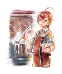  1boy :q ahoge apron bangs blush braid braided_bangs bungou_to_alchemist checkered_clothes checkered_shirt collared_shirt cooking_pot cropped_legs crossed_bangs dazai_osamu_(bungou_to_alchemist) grey_shirt hair_between_eyes holding holding_ladle kitchen ladle looking_at_viewer male_focus open_collar plate red_apron red_hair shirt short_hair signature simple_background sleeves_rolled_up solo steam tasikanakoto tasting_plate tongue tongue_out white_background yellow_eyes 