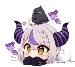  ahoge animal animal_on_head bangs bird blush braid brown_eyes chibi covered_mouth crow crow_(la+_darknesss) demon_horns grey_hair hair_between_eyes hololive horns la+_darknesss long_hair long_sleeves looking_away multicolored_hair muuran on_head pointy_ears purple_hair simple_background sleeves_past_fingers sleeves_past_wrists streaked_hair translation_request twitter_username virtual_youtuber white_background 