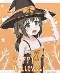  1girl :d animal arm_up bangs bare_arms bare_shoulders bat_(animal) black_dress black_hair black_headwear blue_eyes blush bow branch breasts commentary dated dress english_commentary fang frilled_dress frills hair_between_eyes halloween hand_on_headwear happy_halloween hat hat_bow highres hippo_(hirople) long_hair looking_at_viewer low_ponytail orange_background orange_bow original ponytail sleeveless sleeveless_dress small_breasts smile solo star_(symbol) upper_body witch_hat 